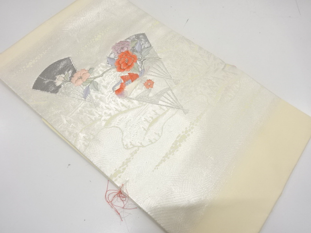 未使用品　扇に鴛鴦・牡丹・椿模様　刺繍　名古屋帯